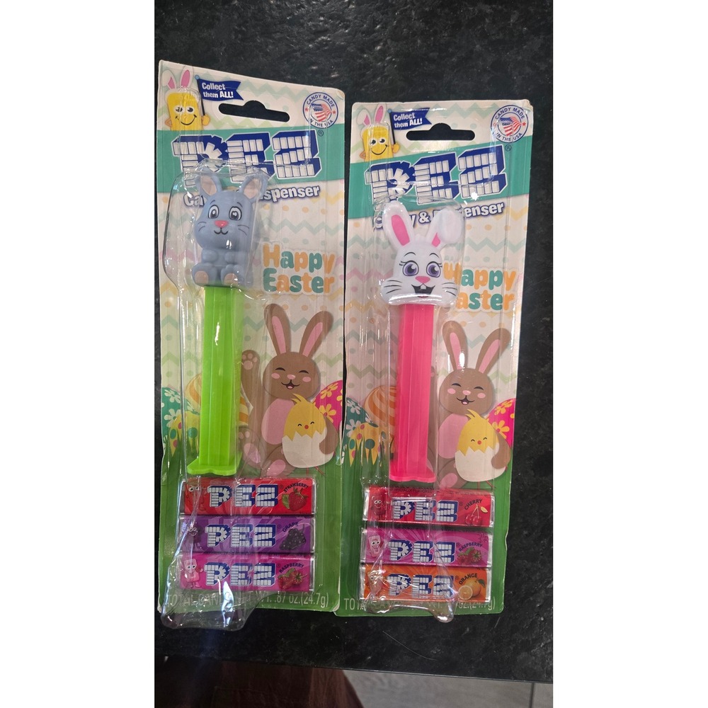 PEZ Happy Easter Bunny Dispenser Set Lot of 2 Grey and White Bunnies New NIP